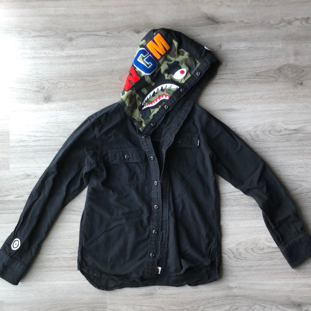 Bape Shark Flannel Hoodie Shirt Black Size Small (Runs Small)